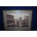 A framed and mounted Watercolour depicting continental buildings,