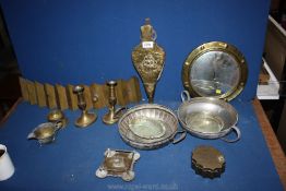 A quantity of brass including candlesticks, porthole mirror, bellows, white metal dishes,