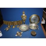 A quantity of brass including candlesticks, porthole mirror, bellows, white metal dishes,