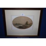 A framed, oval mounted Watercolour 'View Across Meadows to Hereford Cathedral' by E.W. Gill, 1840.