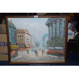 A framed Oil on board of a Parisian scene, signed indistinctly.