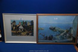 A print of a coastal scene by Vernon Ward 'Unloading Newlyn Harbour', 21 1/2'' x 16 1/2'',