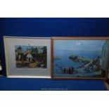 A print of a coastal scene by Vernon Ward 'Unloading Newlyn Harbour', 21 1/2'' x 16 1/2'',