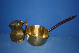 A long handled Brass Saucepan, 8'' diameter ,18'' long overall and a coffee Pot, lid a/f,