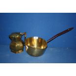 A long handled Brass Saucepan, 8'' diameter ,18'' long overall and a coffee Pot, lid a/f,