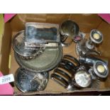 A quantity of plated items including cigarette box marked Johnnie, coasters, two tankards,