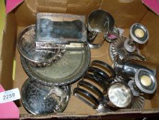 A quantity of plated items including cigarette box marked Johnnie, coasters, two tankards,