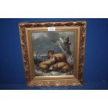 A gilt framed Oil on canvas depicting a winter night scene with three sheep in the snow, unsigned,