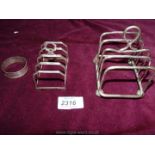 A Silver Toast rack, Birmingham 1971, Silver Napkin Ring,