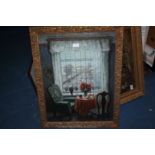 An interior scene Oil on canvas with table and chairs by window leading out to a winter landscape,