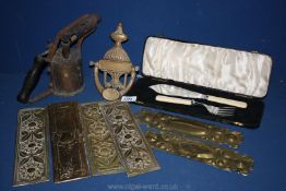 A quantity of brass including blow lamp, cased fish eaters,