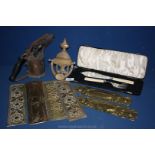 A quantity of brass including blow lamp, cased fish eaters,