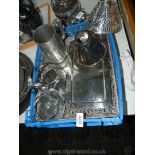 A quantity of plated items including ornate mirror stand, pewter tankard, tray, etc.