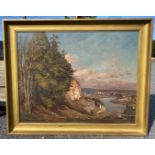 A large gilt framed Oil on canvas depicting a meandering river passing through Docklands,