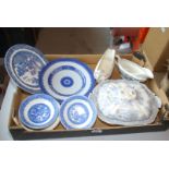 Set of four blue and white dishes, blue and white china, sauce boat etc.