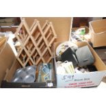 A folding wooden wine rack, speakers, kitchen trays, china, etc.