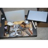 Box of kitchen cutlery, chopping board etc.