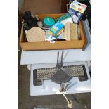 Box of miscellanea including mitre saw block, brushes, ties, electric screw driver etc.