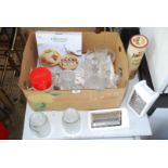Box of glasses, decanters, boxed cheese board set etc.
