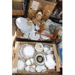 Two boxes of dinner china, five branch candelabra, framed photo stand, Royal Albert coffee pot etc.