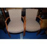 A pair of sprung and upholstered armchairs.