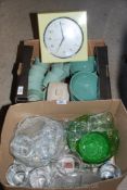Two boxes of china and glass plus a kitchen clock.
