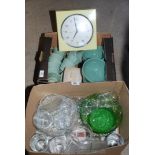 Two boxes of china and glass plus a kitchen clock.