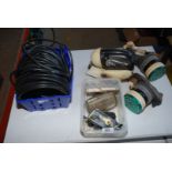 Two gas masks, tilly pressure iron, coil of Coax cable, car lights, etc.