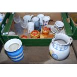 Box of various mugs, jugs, Cornish Ware, jar a/f etc.