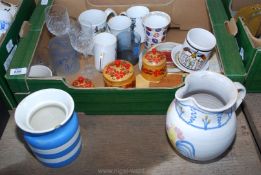 Box of various mugs, jugs, Cornish Ware, jar a/f etc.