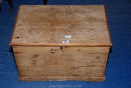 A small pine chest plus sewing accessories etc., 25" long x 16 1/2" wide x 15" high.
