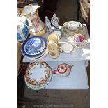 Box of various china including dinner plates, teapots, wash jug etc.