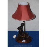 A resin table lamp of a young girl with a dog, plus shade.