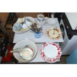 Set of six dinner plates, collection of china, green milk jug a/f. and mixing bowl.