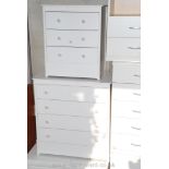 Painted bedroom unit, three drawer bedside cupboard and four drawer cupboard.