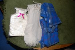Two check and fringed travel rugs, blanket and hot water bottle cover.