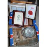 A quantity of pyrex dishes, photo frames, pictures etc.