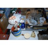 A box of glass including vases, cake dome, egg crock, jugs, et.