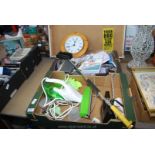 Two boxes to include stationery, Easy steamer flat iron etc.