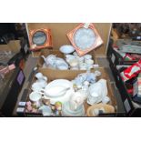 Two boxes of various china hors d'oeuvre dishes, figurines etc.