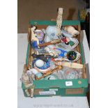 Box of wooden animal figures, rice bowls, cats etc.