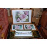 Three glazed pictures of pink cabbage roses plus a landscape plus a landscape and print of La Roque