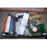 Box of miscellanea including kitchen utensils, stationery, books etc.