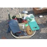 Two plastic trugs of various gardening equipment etc