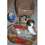 Two boxes of various china, glass, duck figure etc.