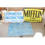 Two enamel signs and a cast sign of Leominster.