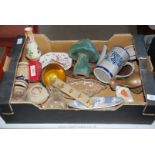 A box of china, coat hook, coffee pot, pottery toadstool, etc.
