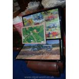 Four framed jigsaw puzzles and a framed jigsaw of Pontrilas.