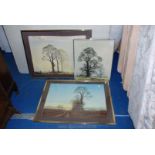 Two glazed pictures of autumnal trees plus a David Shepherd tree print.