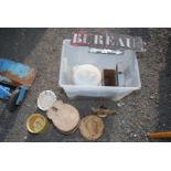 Box of miscellanea including lidded wooden tankard, scales, painters kettle,